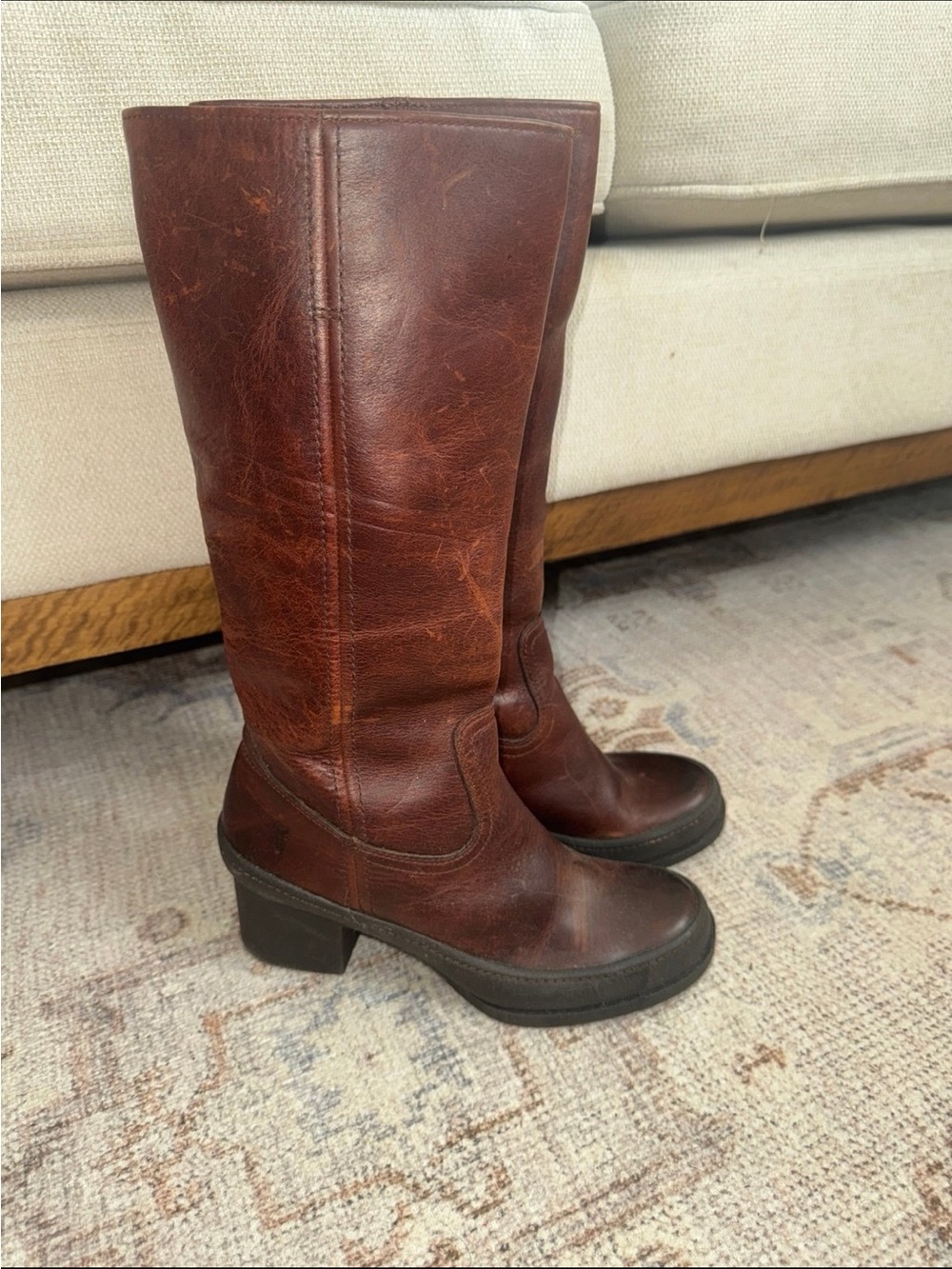 Frye Campus Chestnut Brown Leather Mid-Calf Heeled Boots